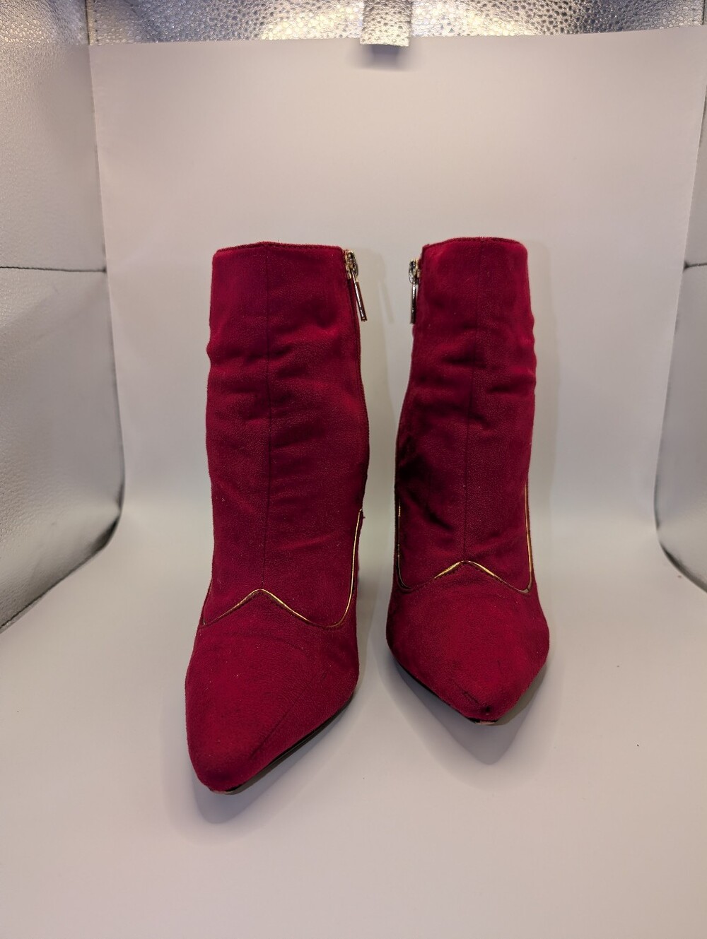 Pointed Fushia Suede Ankle Booties with Gold Trim